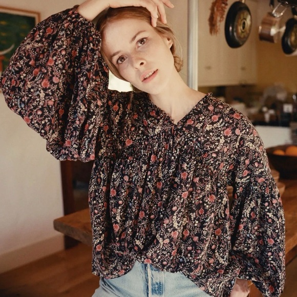 Doen Tops - Doen Thistle Top Black Multi Floral Print Size Medium Blouse Boho Long Sleeve‎